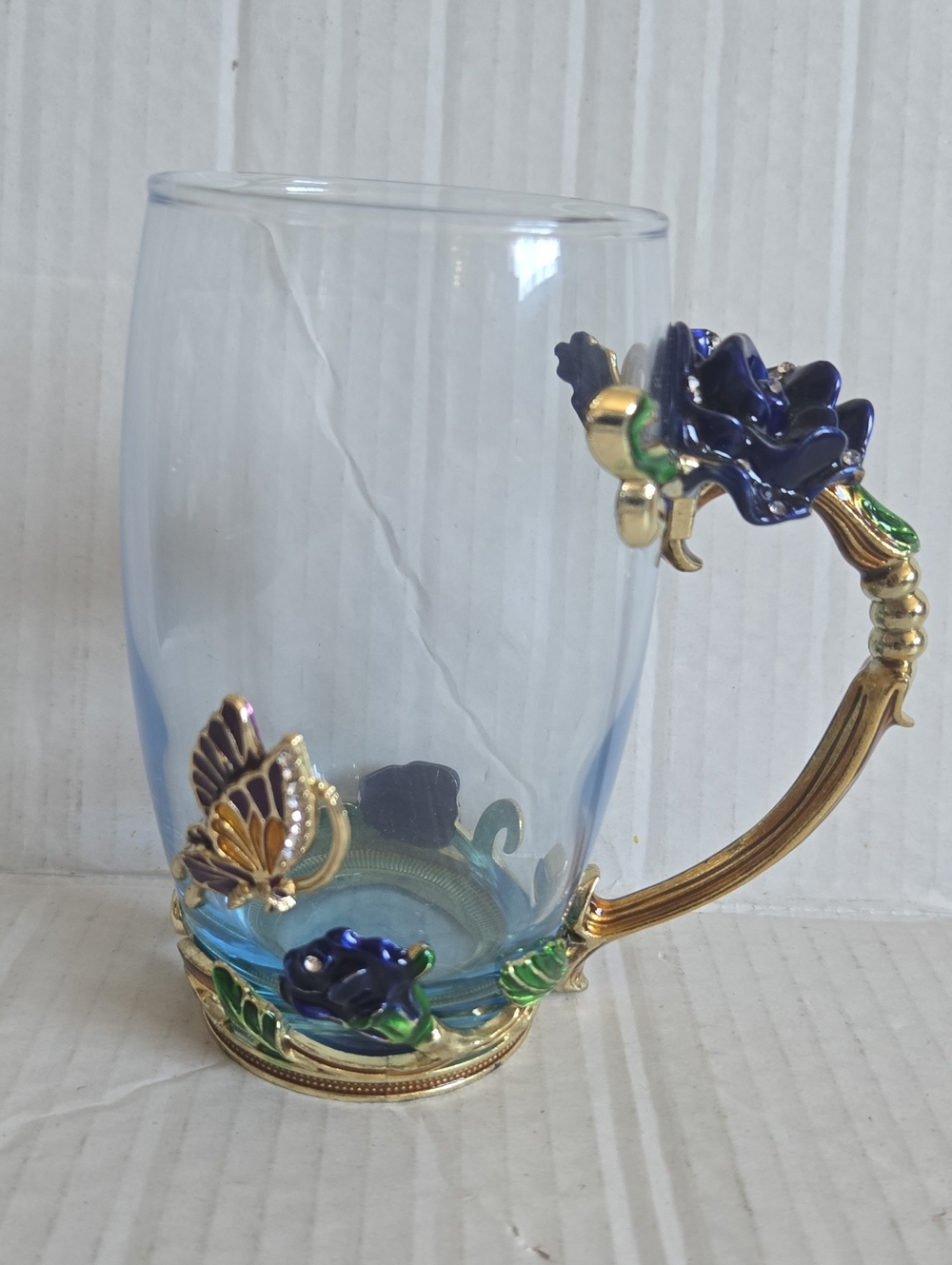 ARC 35C1 Glass Mug Cup Enamel Butterfly Blue Rose Tea Handmade Gold Marked 350ml